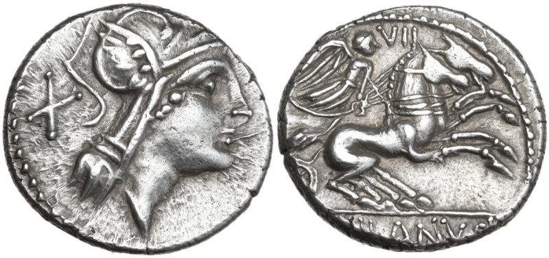 D. Junius Silanus L.f. AR Denarius, 91 BC. Obv. Helmeted head of Roma right; beh...