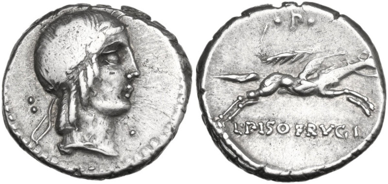 L. Calpurnius Piso Frugi. AR Denarius, 90 BC. Obv. Laureate head of Apollo. Rev....