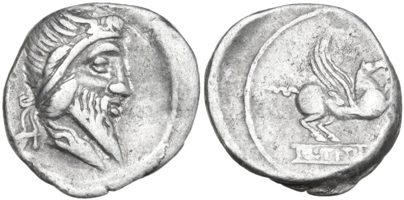 Q. Titius. AR Denarius, 90 BC. Obv. Head of Mutinus Titinus-Priapus right, weari...