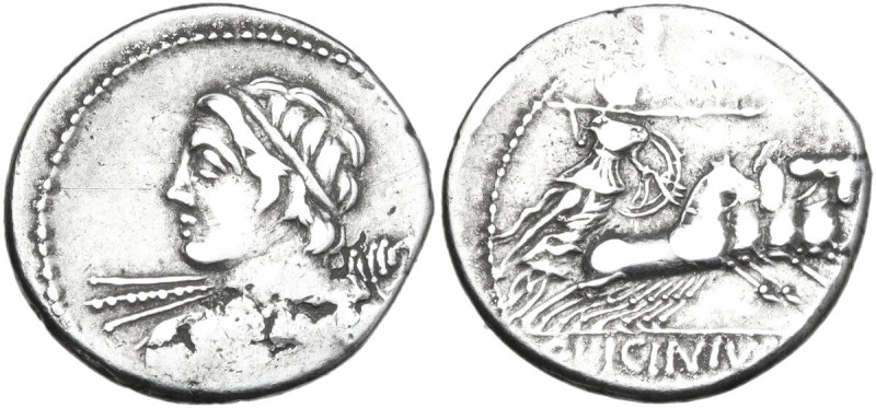 C. Licinius L. f. Macer. AR Denarius, 84 BC. Obv. Diademed and draped bust of Ve...