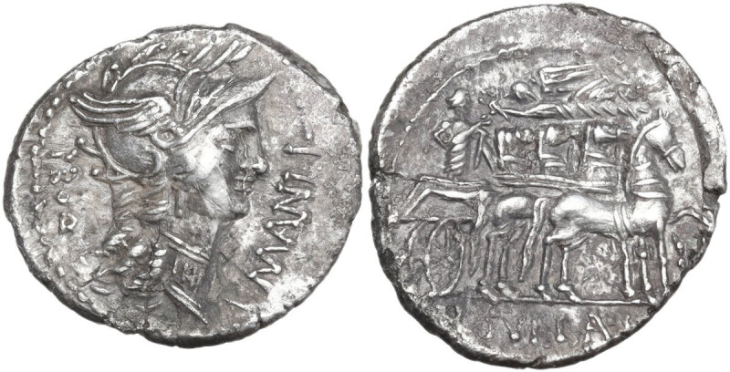 L. Manlius Torquatus. AR Denarius, mint moving with Sulla, 82 BC. Obv. Helmeted ...