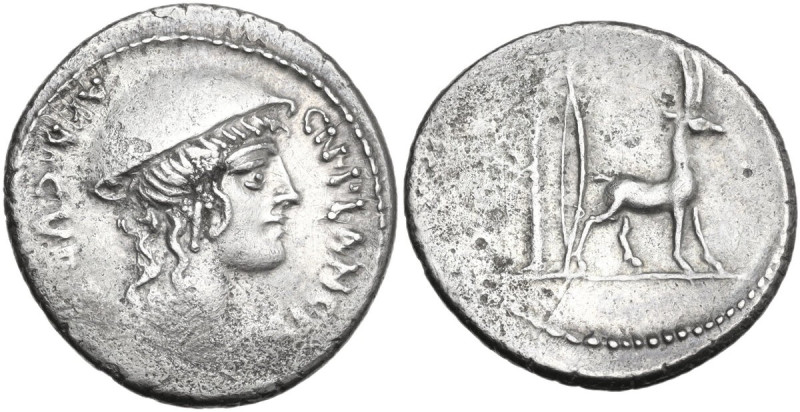 Cn. Plancius. AR Denarius, 55 BC. Obv. Head of Diana Planciana right, wearing ca...