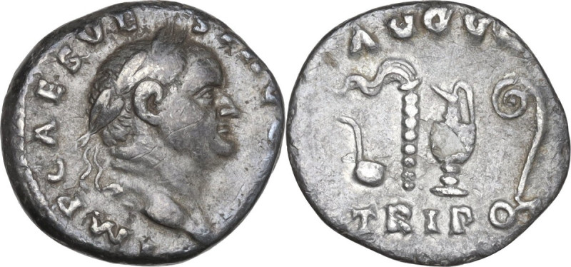 Vespasian (69-79). AR Denarius, Rome mint, 72-73. Obv. IMP CAES VESP AVG P M COS...