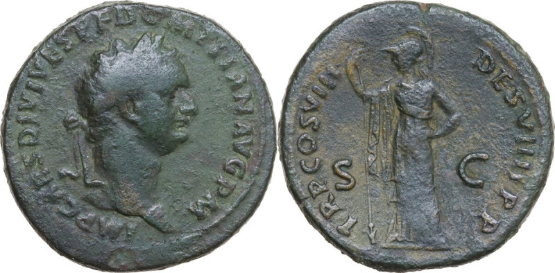 Domitian (81-96). AE Sestertius, 82 AD. Obv. IMP CAES DIVI VESP F DOMITIAN AVG P...