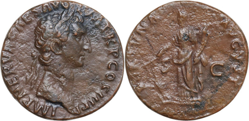 Nerva (96-98). AE As, 97 AD. Obv. IMP NERVA CAES AVG PM TR P COS III PP. Laureat...