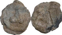 The Roman Empire. PB Tessera. D/ Phallus. PB. 3.49 g. 18.00 mm. Scratch on reverse. About VF.