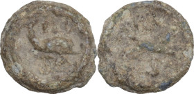The Roman Empire. PB Tessera, 1st century BC-1st century AD. D/ Dolphin right. R/ Uncertain. PB. 3.14 g. 15.00 mm. About VF/Good F.