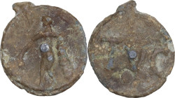 The Roman Empire. PB Tessera, 1st century BC-1st century AD. D/ Standing figure (Hercules?) left, holding club (?). R/ TVC. PB. 3.21 g. 19.50 mm. Good...