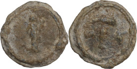The Roman Empire. PB Tessera, 1st century BC-1st century AD. D/ Fortuna standing left, holding rudder set on ground and cornucopiae. R/ T flanked by t...