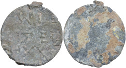 The Byzantine Empire. Lead Seal, c. 5th-7th century AD. D/ HXA/PIΣΕΗ/MI, reverse inscription on three lines. R/ Blank. PB. 7.77 g. 30.00 mm. VF.