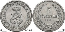 Bulgaria. Ferdinand I (1908-1918). 5 stotinki 1913. KM 24; Nikolov 41. CU/NI. 2.97 g. 17.00 mm. Encapsulated by Classical Coin Grading MS 63.
