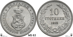 Bulgaria. Ferdinand I (1908-1918). 10 stotinki 1913. KM 25; Nikolov 42. CU/NI. 4.03 g. 19.00 mm. Encapsulated by Classical Coin Grading MS 63.