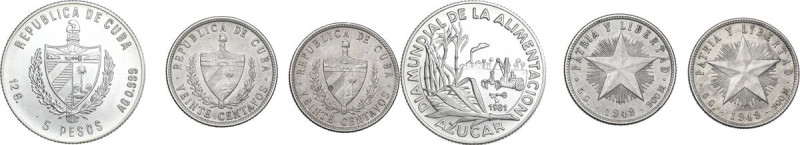 Cuba. Republic. Lot of three (3) AR coins: 5 pesos 1981, 20 centavos 1949 (2). K...
