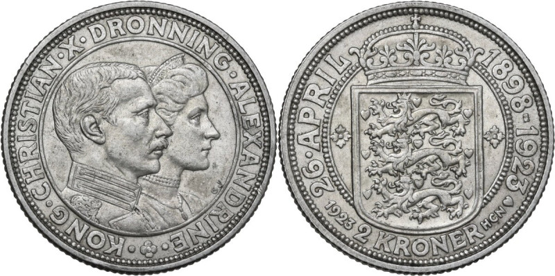 Denmark. Christian X (1912-1947). AR 2 Kroner, 1923. For the 25th wedding annive...