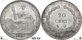 French Indochina. Third Republic (1870-1940). 20 centimes 1923 A, Paris mint. KM 17.1. AR. 5.39 g. 26.00 mm. Encapsulated by Classical Coin Grading MS...
