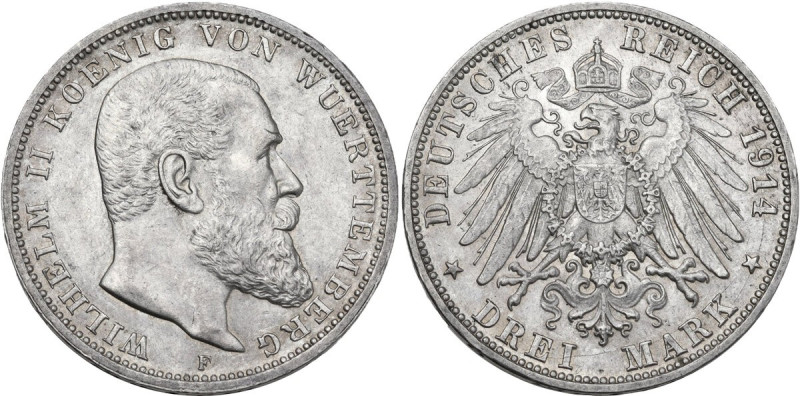 Germany. Wuerttemberg. Wilhelm II (1891-1918). AR 3 Mark, Stuttgart mint, 1914. ...
