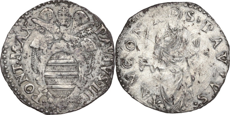 Italy. Paolo IV (1555-1559). AR Giulio, Ancona mint. Muntoni 40. AR. 3.00 g. 27....