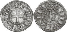 Italy. Enrico VI (1191-1196) with his wife Costanza d'Altavilla. BI Denar, Kingdom of Sicily, Messina mint. Sp. 27. BI. 0.58 g. 16.80 mm. Lightly tone...