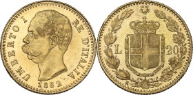 Italy. Umberto I (1878-1900). AV 20 lire 1882 Rome mint. Pag. (decimali) 578; MIR (Savoia) 1098e. AV. 6.44 g. 21.00 mm. Minor bump on edge, otherwise....