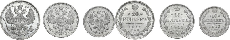Russia. Lot of three (3) AR coins: 20 kopecks 1913; 15 kopecks 1913; 10 kopecks ...