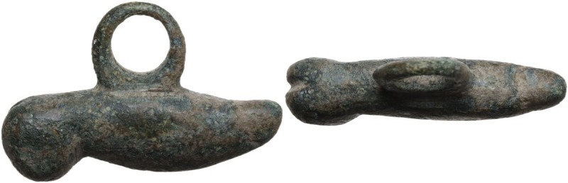 ROMAN PHALLIC AMULET Roman period, c. 1st-3rd century AD. Cast bronze pendant in...