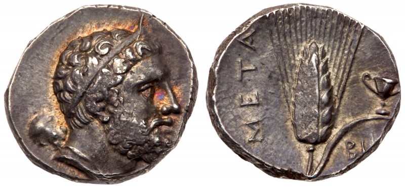 Lucania, Metapontum, ca. 280 BC. AR Nomos (7.84 g). Bearded head of Herakles r.,...