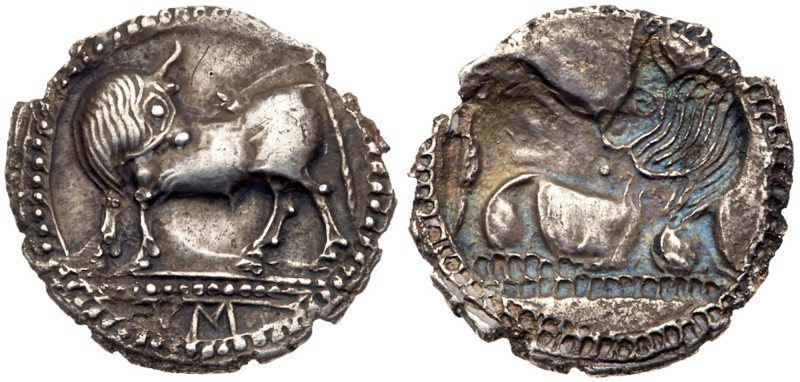 Lucania, Sybaris, Silver Incuse Drachm (2.49 g, 12h). 550-510 BC. Bull standing ...