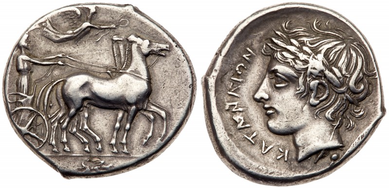 Sicily, Katane, Silver Tetradrachm (17.18 g, 2h). 415-410 BC. Dies engraved by t...