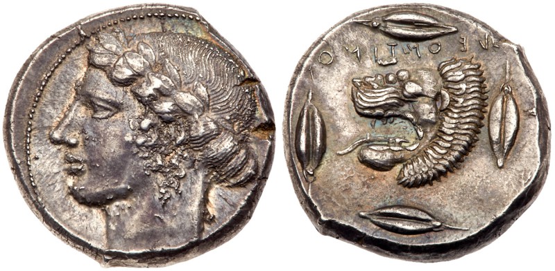 Sicily, Leontini, Silver Tetradrachm (17.49 g, 3h). 430 BC. Laureate head of Apo...