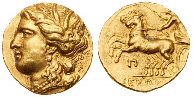 Sicily, Syracuse. Hieron II. 274-216 BC. Gold Decadrachm (4.32 g) or 60 Litrai. ...