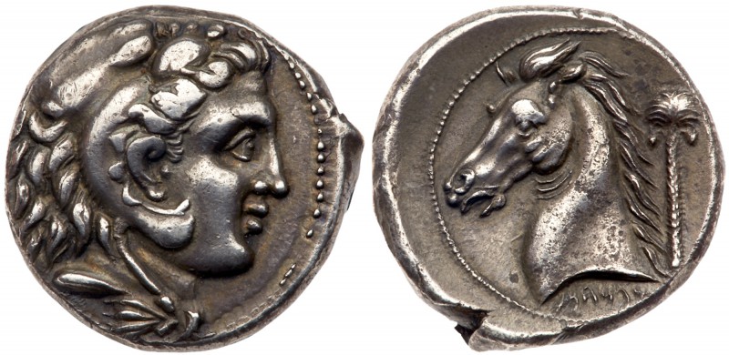 Siculo-Punic, Silver Tetradrachm (17.11g, 3h), 300 BC. Head of young Herakles fa...