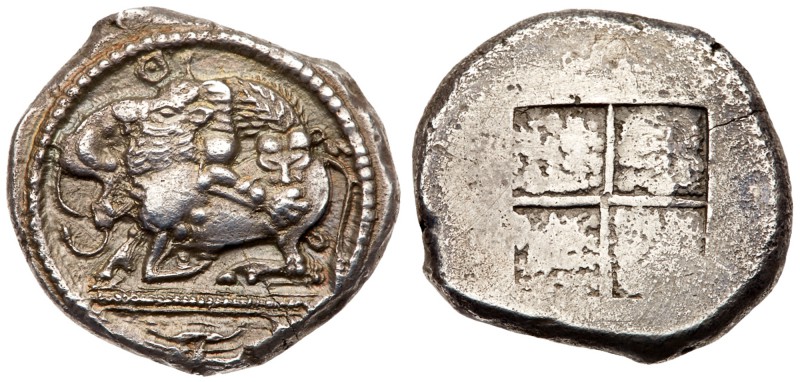 Macedonia, Akanthos. AR Tetradrachm (17g), ca. 470 BC. Lion right attacking bull...
