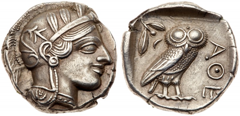 Attica, Athens, Silver Tetradrachm (17.10 g, 9h) 454-404 BC. Head of Athena faci...