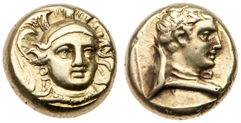 Lesbos, Mytilene. Electrum Hekte (2.49 g), ca. 377-326 BC. Head of Athena facing...