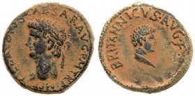 Judaea, Roman Judaea. Claudius, with Britannicus. &AElig; (5.82 g), 41-54 CE. Caesarea Paneas, before 49 CE. TI CLAVDIVS CAESAR AVG P M TR P IM P P, l...
