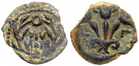 Judaea, Procuratorial. Valerius Gratus. &AElig; Prutah (1.72 g), 15-26 CE. Jerusalem, RY 3 of Tiberius (16 CE). IOV/&Lambda;IA in two lines within wre...