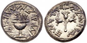 Judaea, The Jewish War. Silver Shekel (13.86 g), 66-70 CE. Jerusalem, year 2 (67/8 CE). 'Shekel of Israel' (Paleo-Hebrew), ritual chalice with pearled...