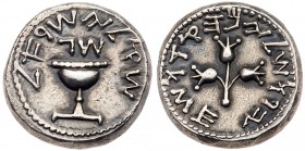Judaea, The Jewish War. Silver Shekel (14.25 g), 66-70 CE. Jerusalem, year 3 (68/9 CE). 'Shekel of Israel' (Paleo-Hebrew), ritual chalice with pearled...