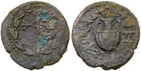 Judaea, Bar Kokhba Revolt. &AElig; Large Bronze (17.34 g), 132-135 CE. Year 1 (132/3 CE). 'Jerusalem' (Paleo-Hebrew) within wreath. Rev. 'Year one of ...