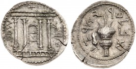 Judaea, Bar Kokhba Revolt. Silver Sela (13.58 g), 132-135 CE. Year 2 (133/4 CE). 'Simon' (Paleo-Hebrew), tetrastyle fa&ccedil;ade of the Temple of Jer...