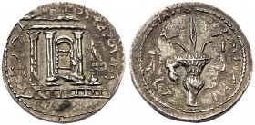Judaea, Bar Kokhba Revolt. Silver Sela (14.43 g), 132-135 CE. Year 2 (133/4 CE). 'Simon' (Paleo-Hebrew), tetrastyle fa&ccedil;ade of the Temple of Jer...