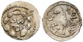 Judaea, Bar Kokhba Revolt. Silver Zuz (3.25 g), 132-135 CE. Year 2 (133/4 CE). 'Simon' (Paleo-Hebrew) within wreath of thin branches wrapped around ei...