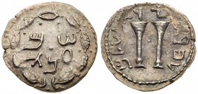 Judaea, Bar Kokhba Revolt. Silver Zuz (3.15 g), 132-135 CE. Undated, attributed to year 3 (134/5 CE). 'Shim'on', in two lines within a wreath of thin ...