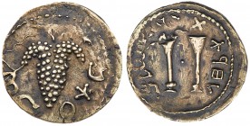 Judaea, Bar Kokhba Revolt. Silver Zuz (2.97 g), 132-135 CE. Undated, attributed to year 3 (134/5 CE). 'Simon' (Paleo-Hebrew), bunch of grapes with lea...