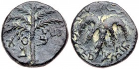 Judaea, Bar Kokhba Revolt. &AElig; Medium Bronze (12.54 g), 132-135 CE. Undated, attributed to year 3 (134/5 CE). 'Simon' (Paleo-Hebrew), seven-branch...