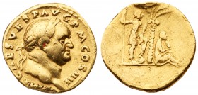 Vespasian. Gold Aureus (7.00 g), AD 69-79. Judaea Capta type. Rome, AD 72/3. IMP CAES VESP AVG P M COS IIII, laureate head of Vespasian right. Rev. Em...