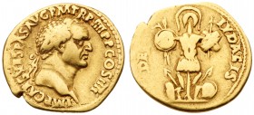 Vespasian. Gold Aureus (6.98 g), AD 69-79. Judaea Capta type. Lugdunum, AD 72. MP CAES VESPAS AVG P M TR P IIII P P COS IIII, laureate head of Vespasi...