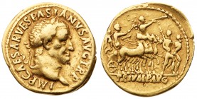 Vespasian. Gold Aureus (7.23 g), AD 69-79. Judaea Capta type. Lugdunum, AD 71. IMP CAESAR VESPASIANVS AVG TR P, laureate head of Vespasian right. Rev....