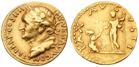 Vespasian. Gold Aureus (7.36 g), AD 69-79. Judaea Capta Issue. Antioch, AD 72/3. IMP VESPAS AVG P M TRI P P P COS IIII, laureate head of Vespasian lef...
