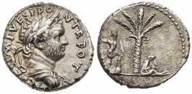 Titus. Silver Denarius (3.29 g), as Caesar, AD 69-79. 'Judaea Capta' type. Antioch, under Vespasian, AD 72. T CAES IMP VESP PO-N TR POT, laureate, dra...